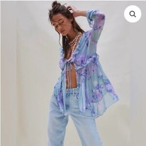 FREE PEOPLE Wildest Dreams Tunic Celeste Combo Semi Sheer Floral Blue M